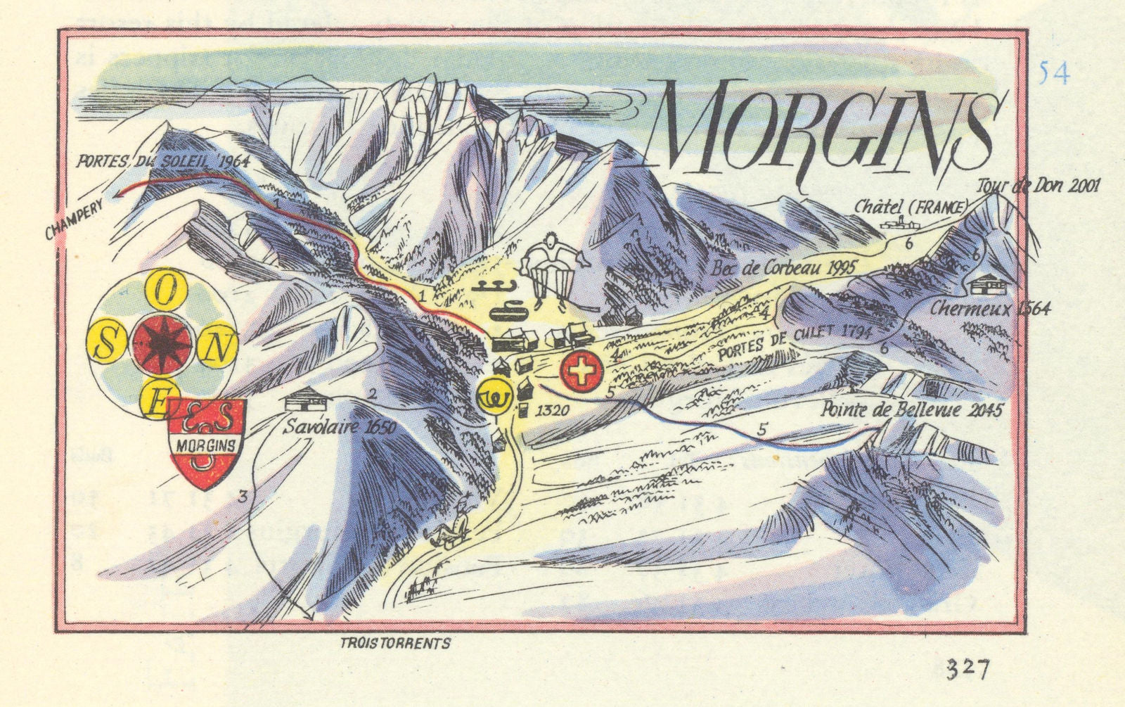Morgins small ski resort piste/trail map. Otto Müller. Portes du Soleil 1949